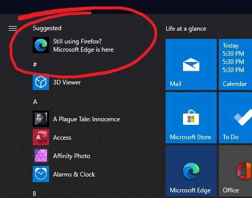 Edge Advertising in the Windows Start Menu, Image Courtesy of WindowsLatest