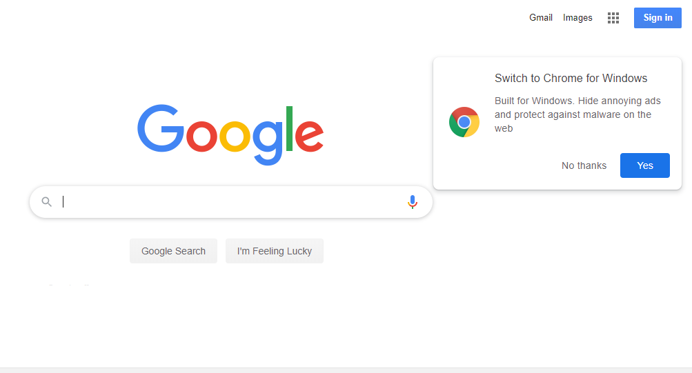 A 'Switch to Chrome' advert displayed on Google's homepage.